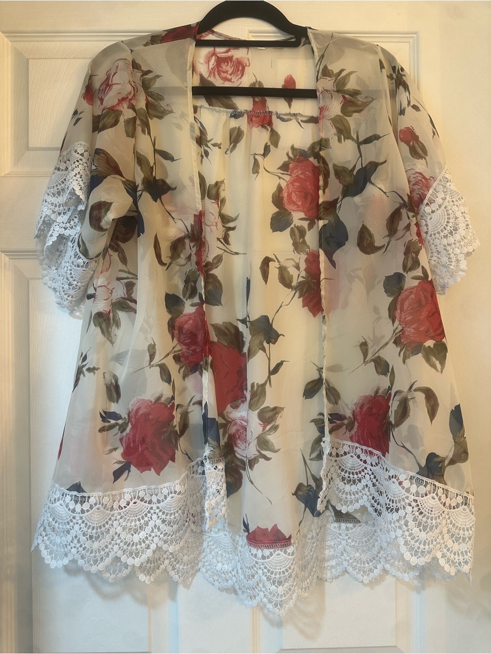 Floral Lace-Trim Sheer Kimono - White with Red Rose Print
